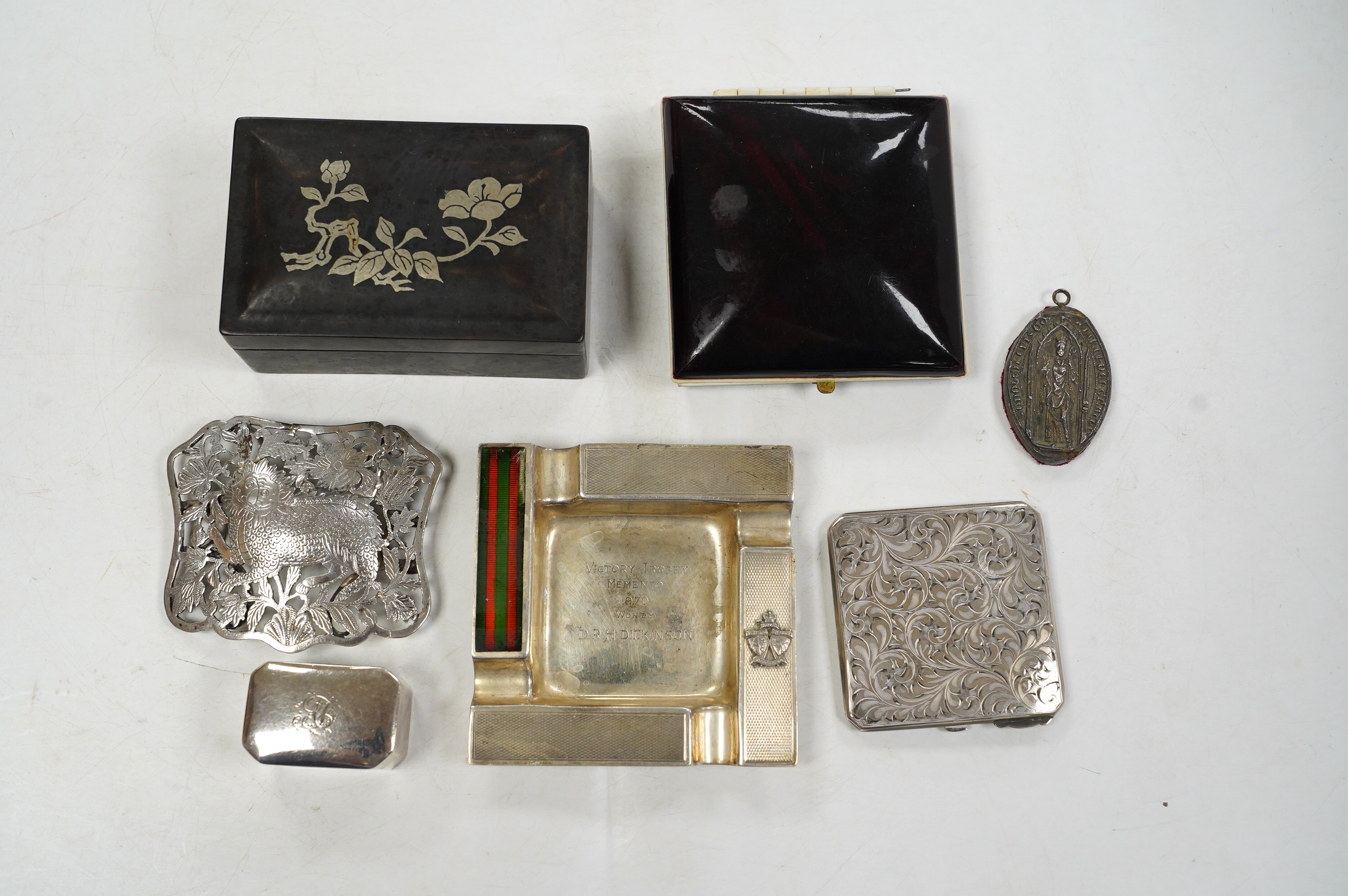 A George III silver nutmeg grater, Thomas Wilmore, Birmingham, 1801, 41mm, together with sundry other items including a silver ashtray and a sterling compact, Condition - poor to fair